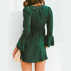 Pure V neck Falbala Long sleeve Fastener Shift Dresses
