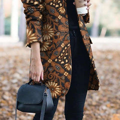 Fashion Retro print Stand collar Long sleeve Pockets Coat
