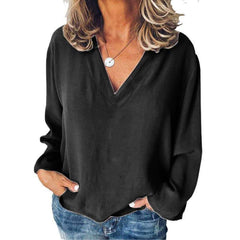 Casual Loose Pure V neck Long sleeve Blouses