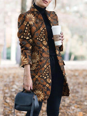 Fashion Retro print Stand collar Long sleeve Pockets Coat