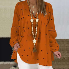 Casual Loose Star print V neck Long sleeve Hollow out Blouses