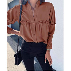 Loose Long sleeve Pure Stand collar Gored Blouses