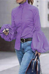 Fashion Pure Stand collar Puff sleeve Blouses