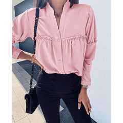 Loose Long sleeve Pure Stand collar Gored Blouses