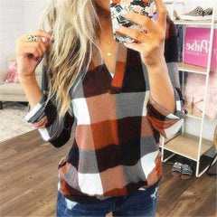 Casual Plaid print V neck Long sleeve Blouses