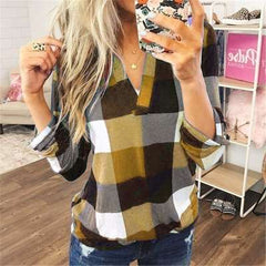 Casual Plaid print V neck Long sleeve Blouses