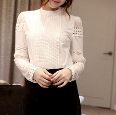 Cutout long-sleeve Shirt White Shirt OL Work Wear Lace Blouse Tops