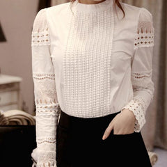 Cutout long-sleeve Shirt White Shirt OL Work Wear Lace Blouse Tops