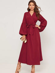 Fashion Pure Puff sleeve V neck Skater Maxi Dresses
