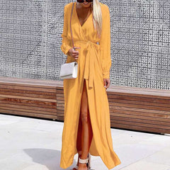 Casual Pure V neck Lacing Long sleeve Maxi Dresses