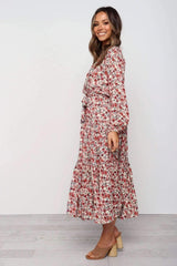 Fashion Print Lacing V neck Long sleeve Skater Maxi Dresses