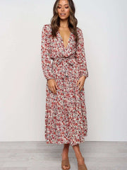 Fashion Print Lacing V neck Long sleeve Skater Maxi Dresses