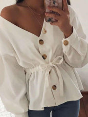 Fashion Pure Long sleeve V neck Skater Blouses