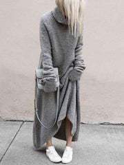 Fashion Casual Pure Pile collar Long sleeve Plush Maxi Dresses