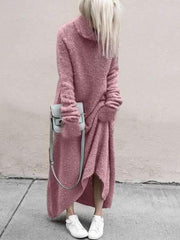 Fashion Casual Pure Pile collar Long sleeve Plush Maxi Dresses