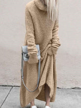 Fashion Casual Pure Pile collar Long sleeve Plush Maxi Dresses