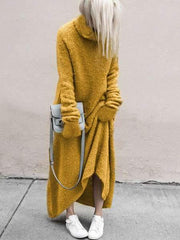 Fashion Casual Pure Pile collar Long sleeve Plush Maxi Dresses
