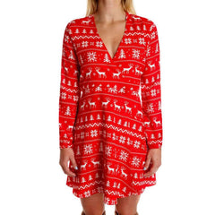 Fashion Christmas Print V neck Long sleeve Skater Dresses