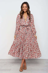 Fashion Print Lacing V neck Long sleeve Skater Maxi Dresses