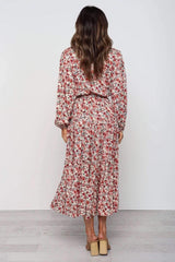 Fashion Print Lacing V neck Long sleeve Skater Maxi Dresses
