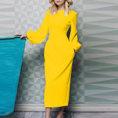 Pure Round neck Puff sleeve Skater Dresses