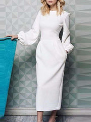 Pure Round neck Puff sleeve Skater Dresses