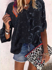 Fashion Print Long sleeve Stand collar Blouses