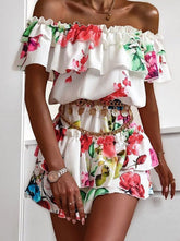 Chic women off shoulder printed chiffon skater dresses