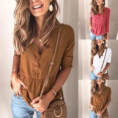 Loose Pure Gored Long sleeve V neck Blouses