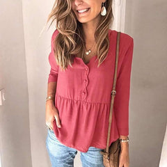 Loose Pure Gored Long sleeve V neck Blouses