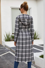 Fashion Plaid Hoodies Long sleeve Belt Coats