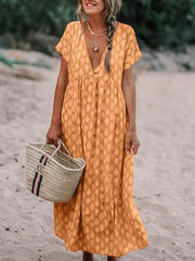 Loose V neck Printed Big Hem Maxi Dresses