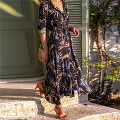 Fashion Floral print Lapel Long sleeve Lacing Skater Dresses