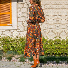 Fashion Floral print Lapel Long sleeve Lacing Skater Dresses