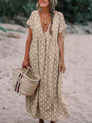 Loose V neck Printed Big Hem Maxi Dresses