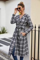 Fashion Plaid Hoodies Long sleeve Belt Coats
