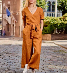 Casual Loose Pure Lacing V neck Short sleeve Jumpsuits