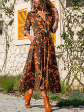 Fashion Floral print Lapel Long sleeve Lacing Skater Dresses