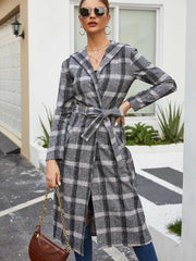 Fashion Plaid Hoodies Long sleeve Belt Coats