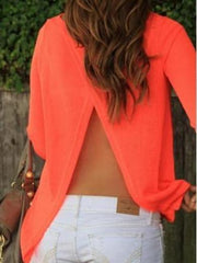 Back Slit Orange Chiffon Long Sleeve Blouse
