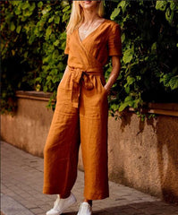 Casual Loose Pure Lacing V neck Short sleeve Jumpsuits