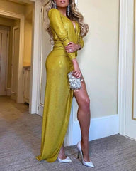 Sexy Pure Paillette V neck Long sleeve Vent Evening Dresses