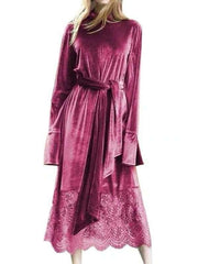 Retro Lacing Pure Velvet Long sleeve Gored Maxi Dresses