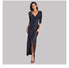 Fashion Paillette Three quarter sleeve V neck Evening Dresses