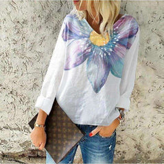 Casual Loose Print V neck Long sleeve T-Shirts