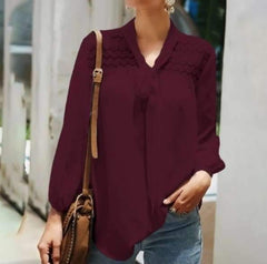Fashion Pure Lace Lacing V neck Long sleeve Blouses