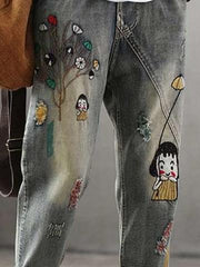 Casual Loose Embroider Women Jeans Pants
