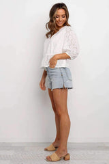 Pure V neck Hollow out Three quarter sleeve Blouses