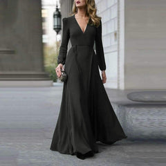 Pure V neck Long sleeve Lacing Skater Maxi Dresses
