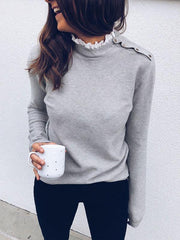 Round collar Lace Hem with shoulder button design Long Sleeve T-shirts